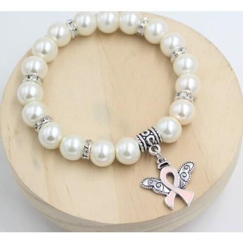 1PC New Arrival Awareness Breast Cancer Bracelet Angel Wing Pink Ribbon White Pearl Bracelets for Women Girl Pulsera Bijoux