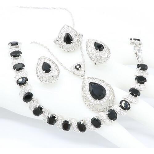 Black Zircon Bridal Sterling Silver Trendy Pendant Necklace Earring Bracelet and Ring Jewelry Sets for Women Fashion Gift