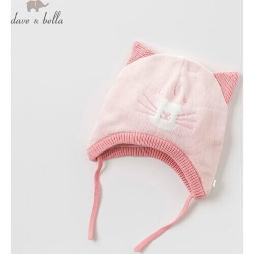 DBA7885 dave bella autumn baby girls pink cat jacquard cotton hat gloves