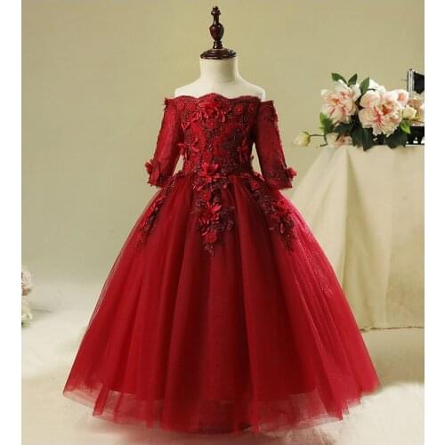 Long Evening Dress Flower Girl Dresses Teenager Party Wedding First Communion Lace Sleeve Children Vestidos Birthday Outfits