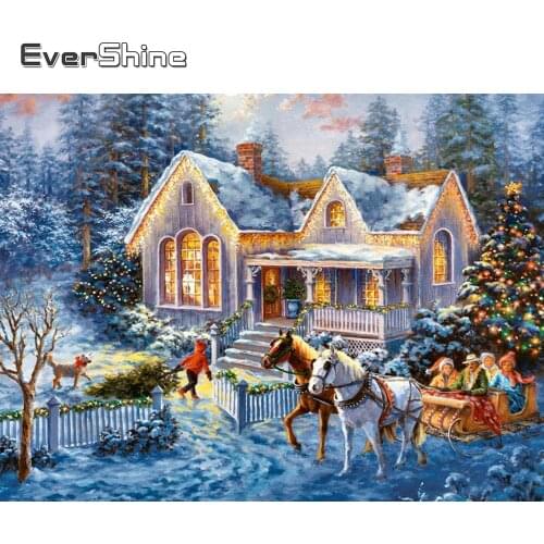 EverShine Diamond Embroidery Christmas Cross Stitch Kits 5D Diamond Painting Landscape Rhinestone Pictures Winter House Wall Art