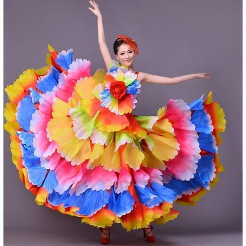 FEECOLOR Spanish Dance Bull Dress Flamenco Round Skirt Adult Women Party Stage Carnival Costume 180-720 Degrees