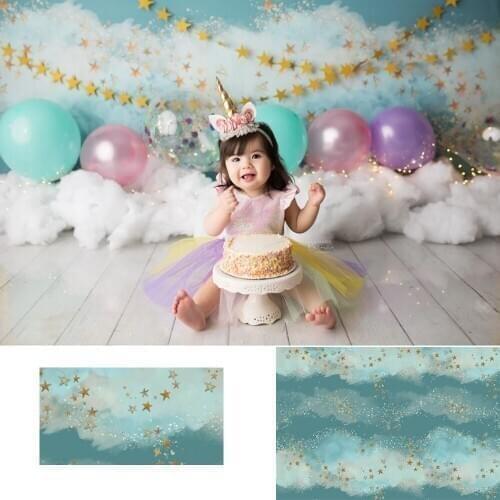 Cyan Blue sky cloud Backdrop Child Cake Smash Newborn Baby Photography Background 1st Birthday Party Gold DotsDecoration Banner