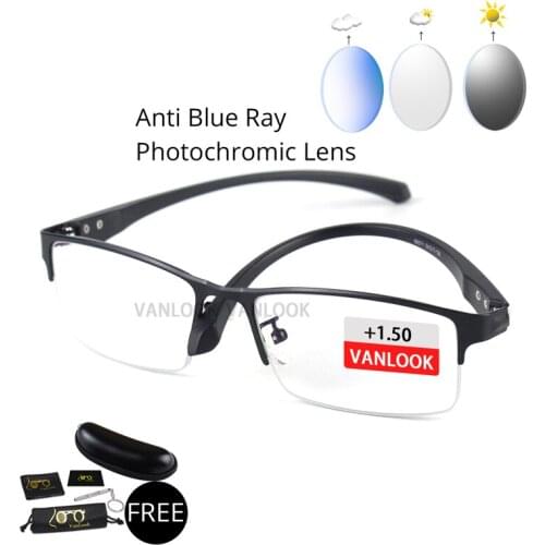 Vanlook Photochromic Mens Glasses Reading Blue Light Blocking Women Presbyopic glasses Black Blue Metal TR90 Eyeglasses Frame