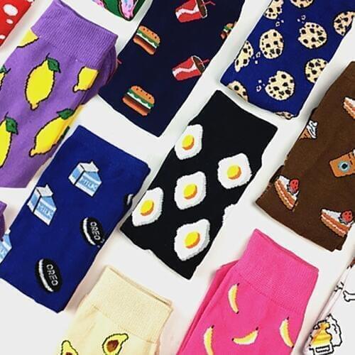 Hot Sales Funny Socks Women Casual Cartoon Fruit Banana Avocado Lemon Egg Cookie Donuts Happy Japanese Harajuku Skateboard Socks