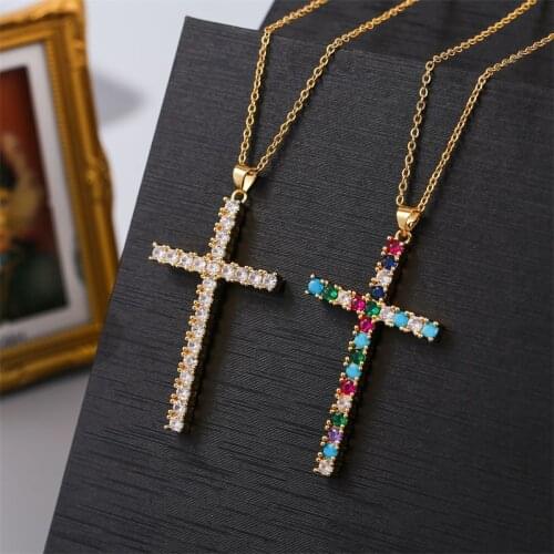 Fashion Multicolor Cubic Zirconia CZ Copper Metal Cross Necklaces Pendants For Women Stainless Steel Gold Color Chain Necklace