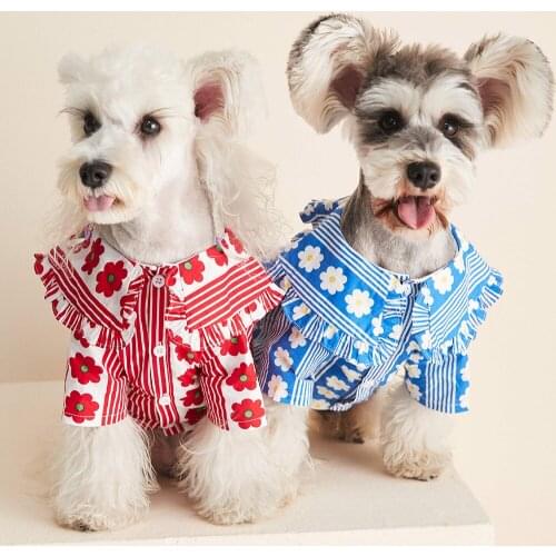 Fashionable Striped Flower Dog Shirt Falbala Cotton Blue Lace Pet Puppy Clothes Jumpsuit with Button Cat Overalls Outfit Poodle