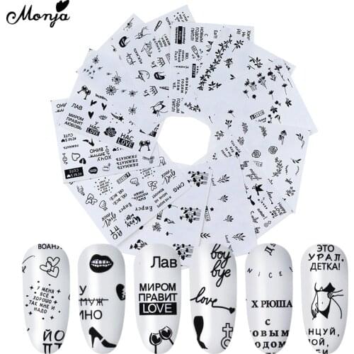 Monja 12Pcs/Set Nail Art Water Transfer Sticker Leaf Flower English Abstract Image DIY Watermark Nail Slider Manicure Decoration