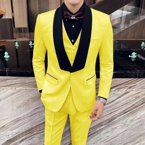 Newest Slim Fit Men Suit Yellow Shawl Lapel Business Casual Evening Tuxedo 3 Pcs(Blazers+Pant+Vest) Custom Made Wedding For Man