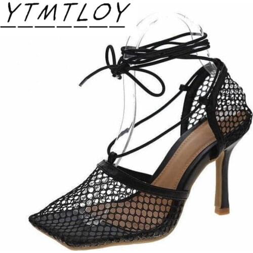 2021 New Female High Heels Fetish Sandals Female Gladiator Cheap Strap Shoes Ladies Nude Mesh Prom Pump Casual