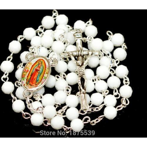 White Faceted crystal bead catholic rosary necklace with Our Lady of Guadalupe and pope cross