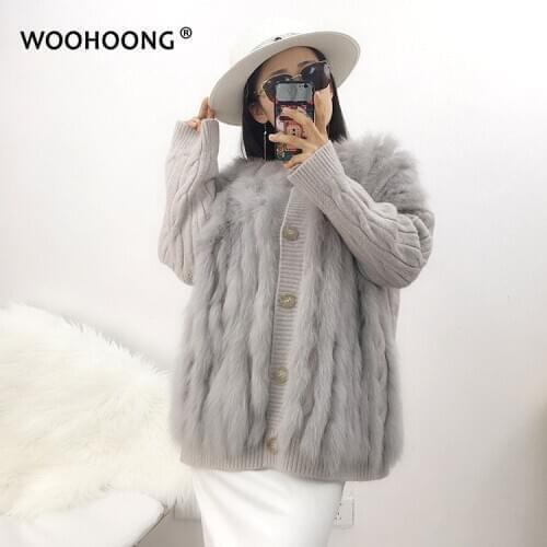 Natural Fox Fur Coat Knitted Sweater Striped Ladies Warm Ladies Knitted Coat Autumn Coat Needleworkfur Real Fur Wool Sweater