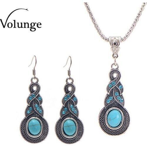 Retro Pattern Blue Crystal Jewelry Blue Resin Necklace Water Necklace Set 2017 New Volunge Jewelry Wholesale