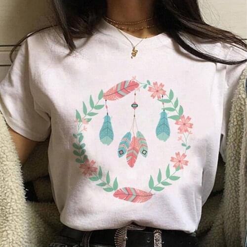 Summer Fashion Female Tshirt Feather Print Ladies T shirt Casual White Round Neck Short Sleeve Ulzzang Harajuku Women T-shirt