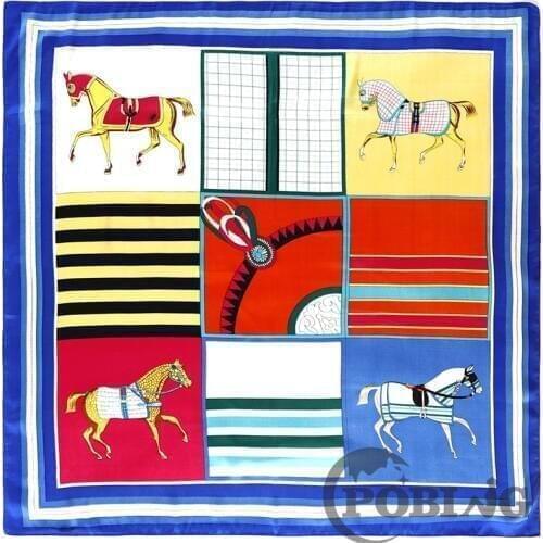 POBING Silk Scarf Women Horse Plaid Print Manual Hand Square Scarves Spain Echarpes Foulards Femme Wrap Bandana Small Hijab 90CM