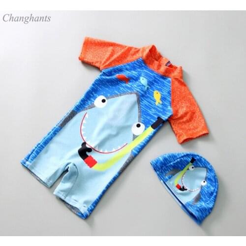 1-6Y Boys Short Sleeve Rash Guard Kids One Piece Swimsuit Shark Pattern Baby Sandy Beachwear Children Swimwear Surfing Wear