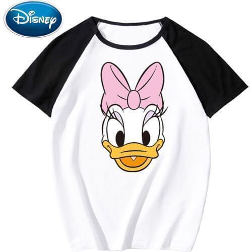 Disney Stylish Donald Daisy Duck Cartoon Print O-Neck Pullover Short Sleeve Contrast Color T-Shirt Unisex Loose Tee Top 10 Color