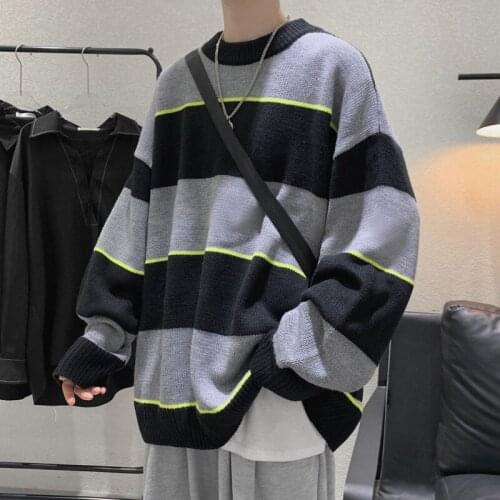 Korean Striped Sweater Mens Warm Fashion Casual Knit Pullover Men Wild Loose Autumn Winter Knitting Sweaters Mens Clothes M-2XL