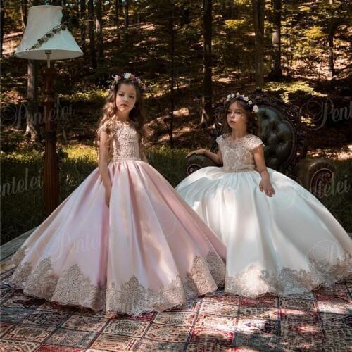 Vintage Pink/Ivory Princess Flower Girl Dresses With Gold Lace Appliqued Wedding Party Tutu Kids Birthday Dresses
