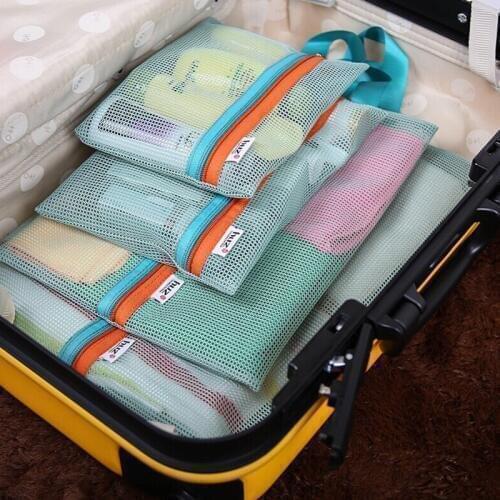 High Capacity grid Travel Luggage Organize Bag 4 Pieces Set Storage Breathable Mesh cosmetic Sundries Makeups Shoes Zip Bag