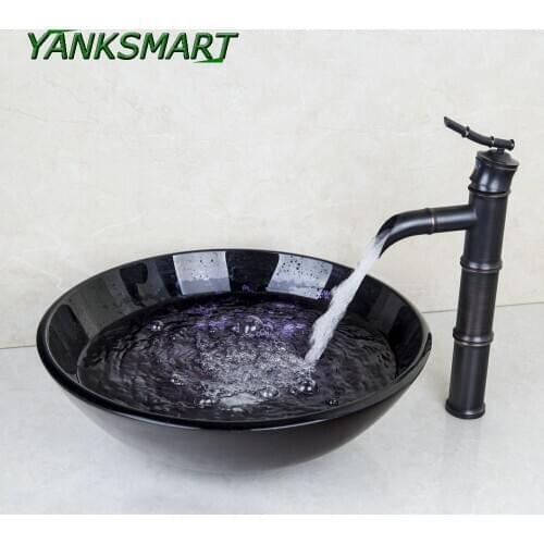 YANKSMART Bamboo Style ORB Brass Faucet + Bathroom Black Lavatory Tempered Glass Washbasin Sink Combo Set Mixer Tap With Drain