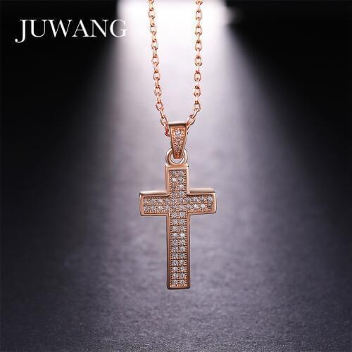 JUWANG Cubic Zircon Cross Necklaces Pendants for Woman Gold/Rose Gold Color Cross Christian Jesus Jewelry Accessories Wholesale