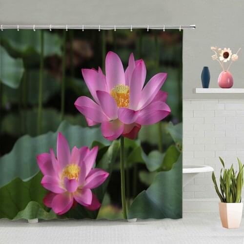 Lotus Shower Curtain Green Leaf Flowers Pond Summer Bathroom Bathing Curtains Washable Hanging With Hook Set Home Decor Screen