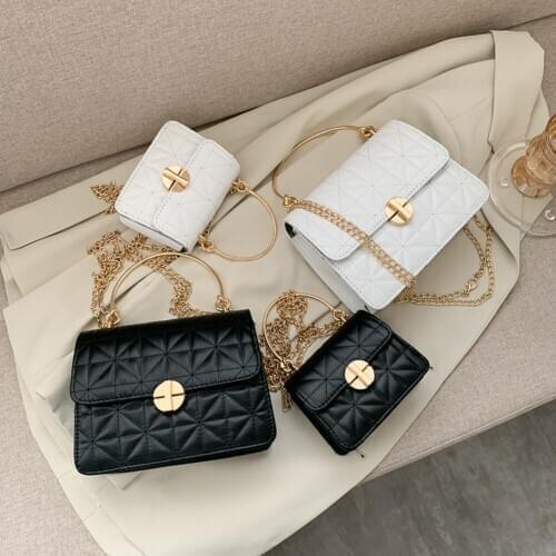 Fashion PU Leather Crossbody Messenger Bags Women Causal Lattice Pattern Round Ring Handle Chain Shoulder Handbag