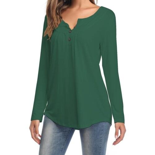 Womens round neck long sleeves with buttons solid color cotton and linen casual comfortable loose T-shirt