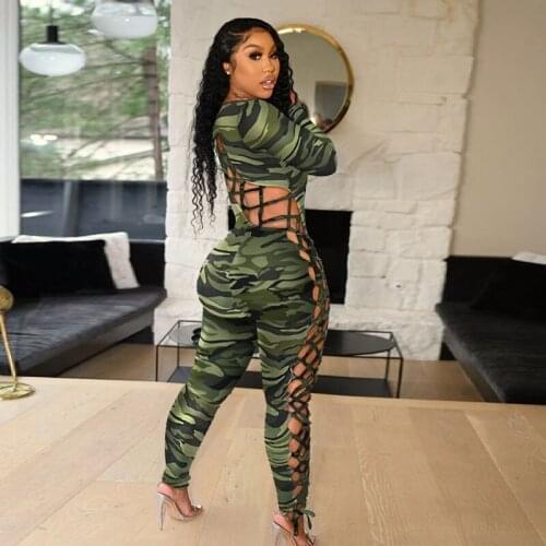 Sexy Hollow Out Lace Up Bandage Rompers Womens Jumpsuit Long Sleeve Club Party Jumpsuits Bodycon Overalls One Piece Outfits