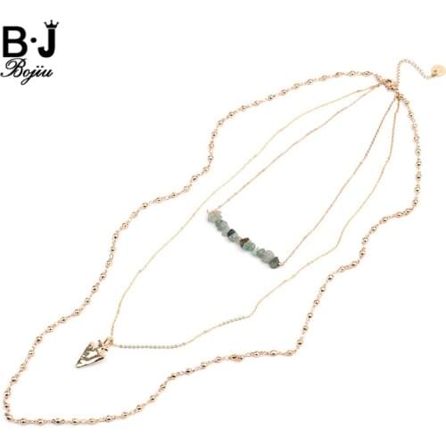 BOJIU Multilayer Gold-color Chain Long Statement Necklaces For Women Adjustable Boho Arrow Round Tag Bar Pendant Necklace NKS218