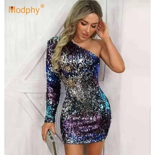 Free Shipping One Shoulder Color Sequin Women Dress Sexy Slash Collar Long Sleeve Bodycon Club Evening Party Mini Vestidos