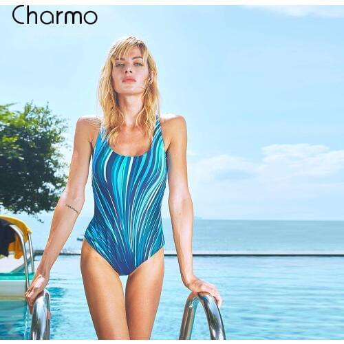 Charmo Women One Piece Swimwear Geometry Print Swimwear Women Colorblock Swimsuit Bathing Suit Monokini Striped Sport Swimwear