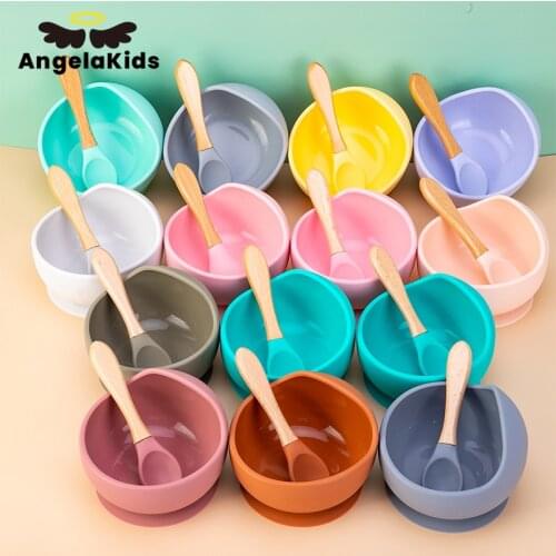 Baby Learning Feeding Bowl Wooden Spoon Suction Bowl Baby Plate Kids Toddler Training Tableware BPA Free High Quality Silicone