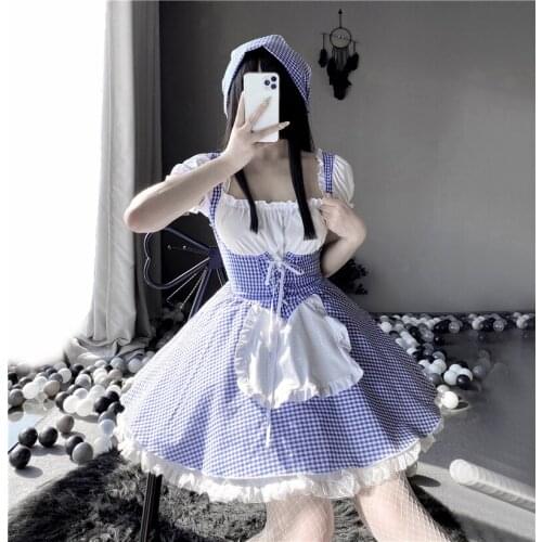 Double Ponytail Cos Maid Cute Pastoral Sexy Lingerie Sweet Blue Grid Maid Outfit Lace-up Dress Uniform Anime Cosplay Haikyuu