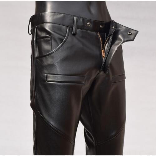 Personality motorcycle faux leather pants men casual trousers pu feet pants for men fashion slim tight-fitting pantalon homme
