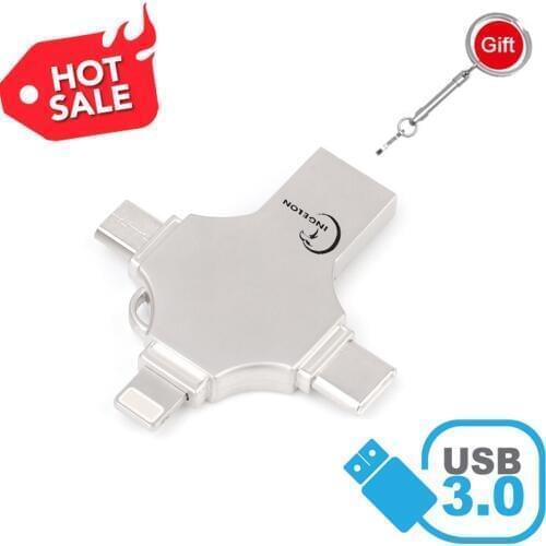 INGELON 4 in 1 USB Flash Drive For USB iphone 64GB Memory Stick OTG Pen Drive 3.0 256GB 128GB USB Personalizzata Wedding Gift