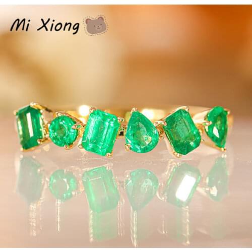 Mi Xiong s925 sterling silver gold-plated geometric irregular emerald ring light luxury exquisite charm ladies brand jewelry