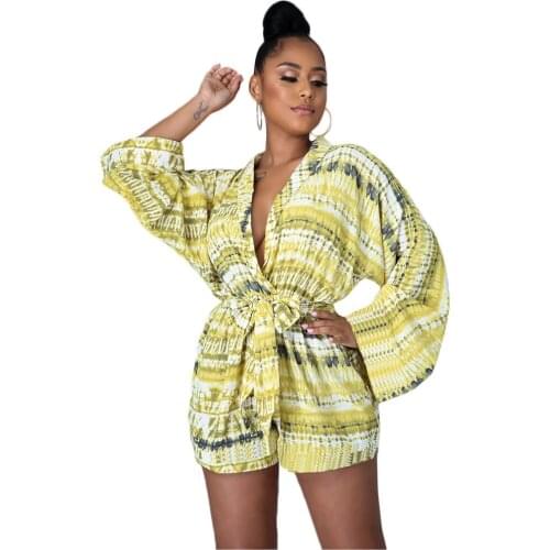 African Clothing Jumpsuit Women Summer 2021 Fall Loose Long-Sleeved Womens Urbano Casual Shorts Printed Lace-Up V-Neck Jumpsuit