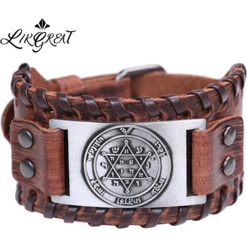 LIKGREAT Vintage Solomon Star of David Hexagram Charm Bracelets Men Wide Leather Bracelet Vintage Tantrism Amulet Jewelry Gifts