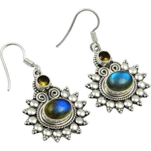 Lovegem Genuine Labradirte & Smokey Quartz EARRINGS 925 Sterling Silver, 38mm, AE2058