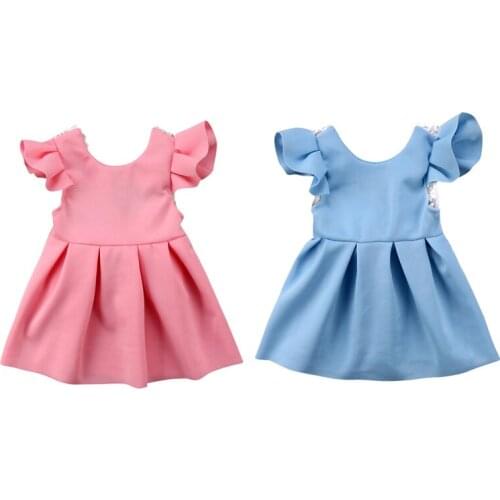 Princess Cute Lovely Summer Party Newborn Infant Baby Girls Petal Sleeve O-Neck Solid Back Lace Floral Bow Dress 2 Style
