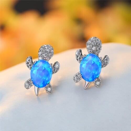 Cute Small Turtle Animal Earrings Blue White Green Opal Stud Earrings Fashion Silver Color Oval Stone Earrings For Women Jewelry
