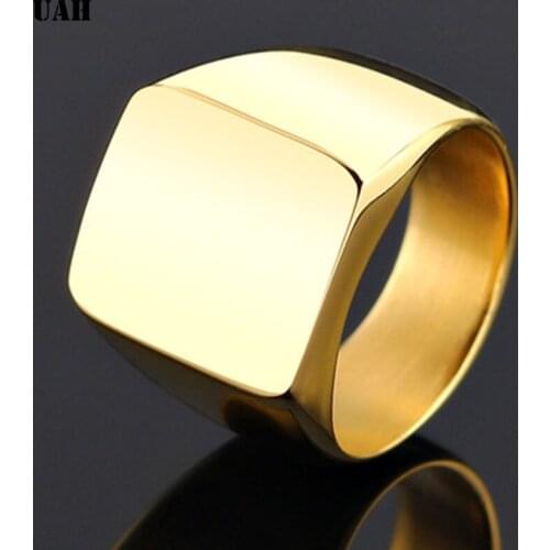 UAH Fashion Rings Square Big Width Signet Rings Titanium Steel man Finger Silver Black Gold Men Ring Jewelry anel New