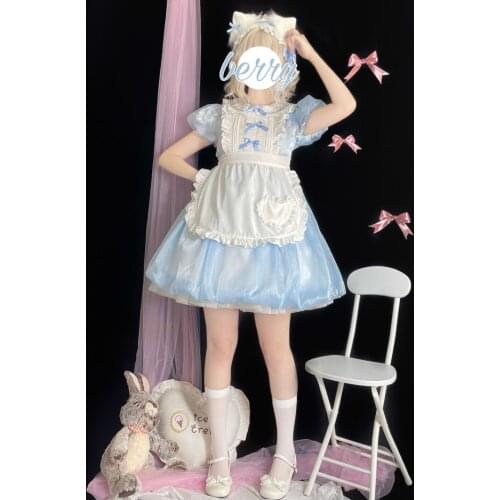 Japanese Costume Maid Dress Soft Girl Kawaii Sweet Ruffles Mini Puff Sleeve OP Dress Peter Pan Collar Lolita Bow Cosplay Dresses
