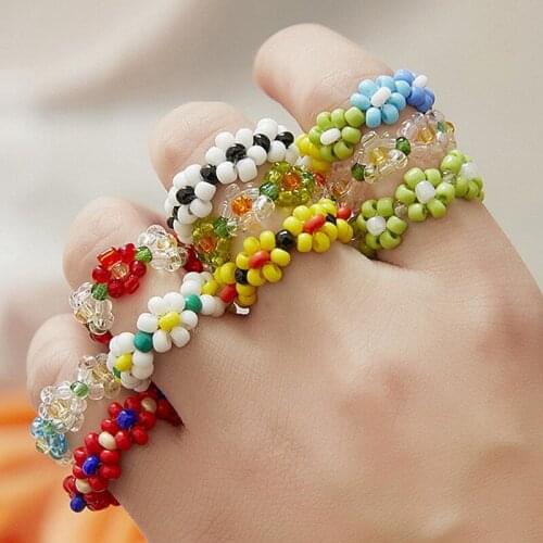 New Korean Cute Colorful Flower Beads Ring For Women Bohemia Multicolor Acrylic Beaded Round Rings Fashion Party Jewelry Gifts