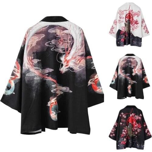 New Man Japanese Vintage Kimono Dragon Goldfish Printed Cardigan Yukata Samurai Costume Male Streetwear Jacket Cardigan
