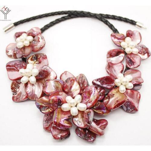 Wedding Women Jewelry natural white pearl 5 flower pendant bright red shell mother of pearl necklace black leather 18"