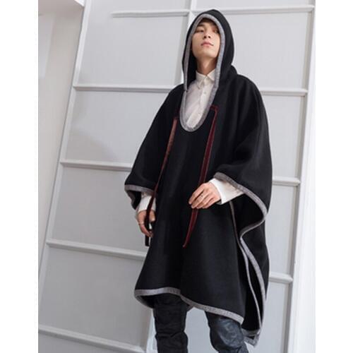 M-4XL autumn and winter trend male loose personality cloak cloak in the long woolen coat woolen hair stylist thick coat hooded