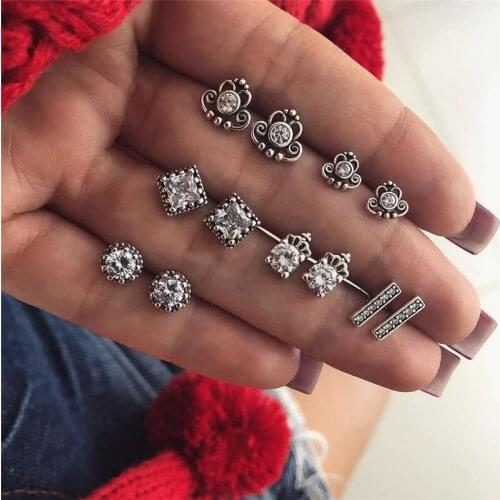 Modyle 6 Pairs/set Silver Color Earrings Set Vintage Bohemia White CZ Stone Flower Earrings for Woman